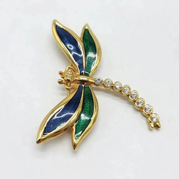 Blue Green Enamel Shiny Dragonfly Crystal Rhinestone Lovely Pin Brooch - Picture 2 of 4